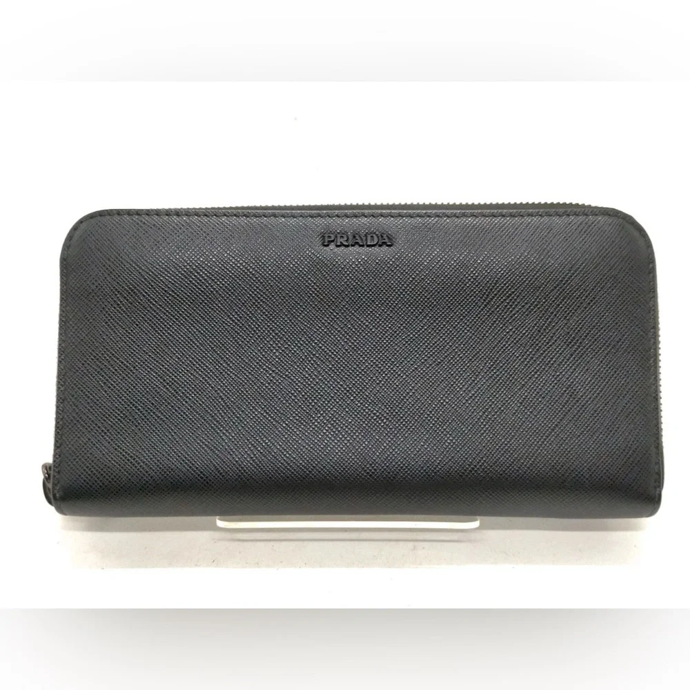 Prada Long Wallet Black Leather With Gray and White bi color inside authentic